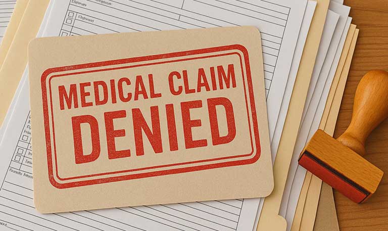 A stack of paper with a red stamp that says medical claim denied