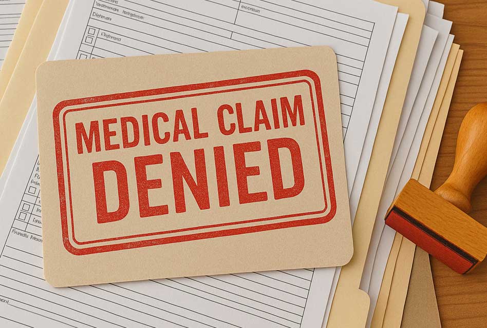 A stack of paper with a red stamp that says medical claim denied