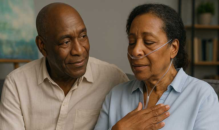 An older couple sits together; the woman uses supplemental oxygen and rests her hand on her chest with her eyes gently closed, conveying calm and strength. Beside her, the man looks at her with a tender expression.