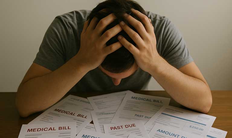 A person sits at a table covered in medical bills, their face hidden in their hands, conveying stress or despair.