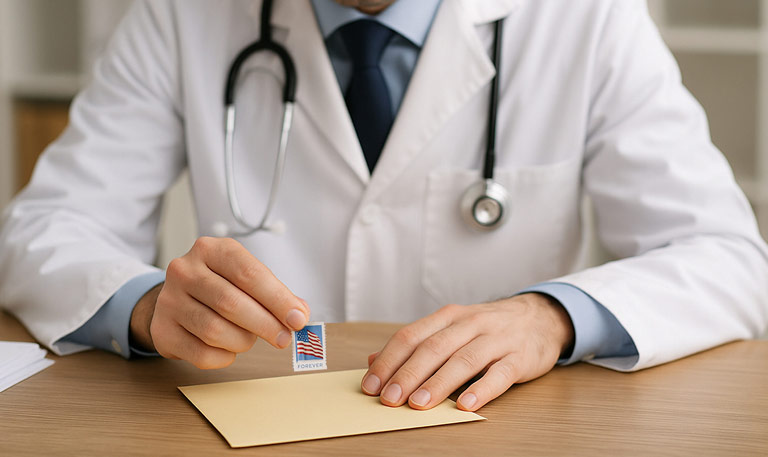 A doctor puts a stamp on an envelope