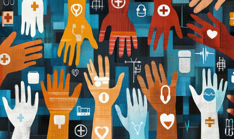 An abstract image of equity in health care with a mosaic of different hands holding medical symbols