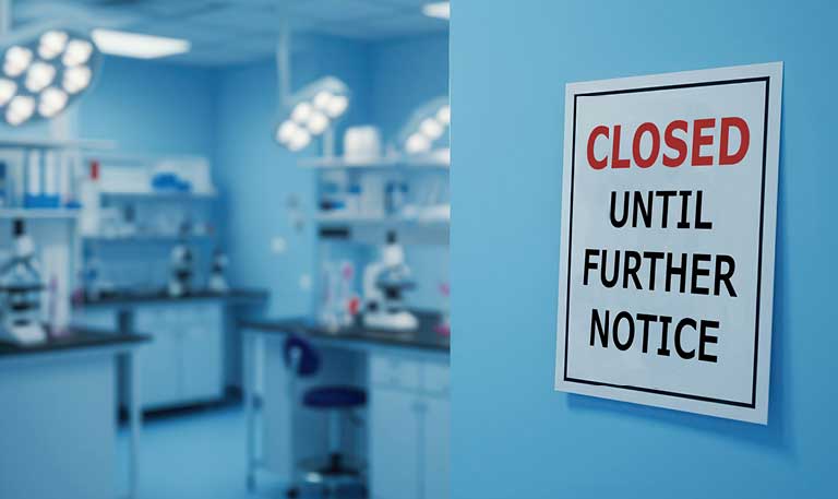 Medical research laboratory with sign that reads closed until further
notice