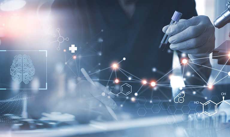 Researcher working with AI data analysis, lab experiment, data science