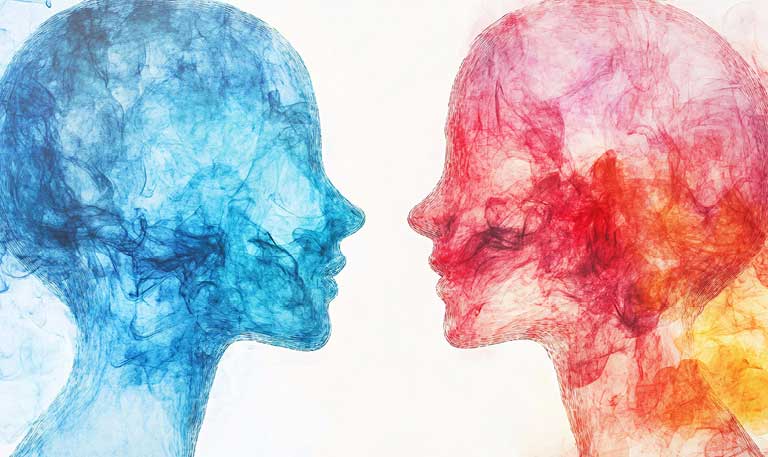 Two smoke figures in pink and blue facing each other, representing sex and gender