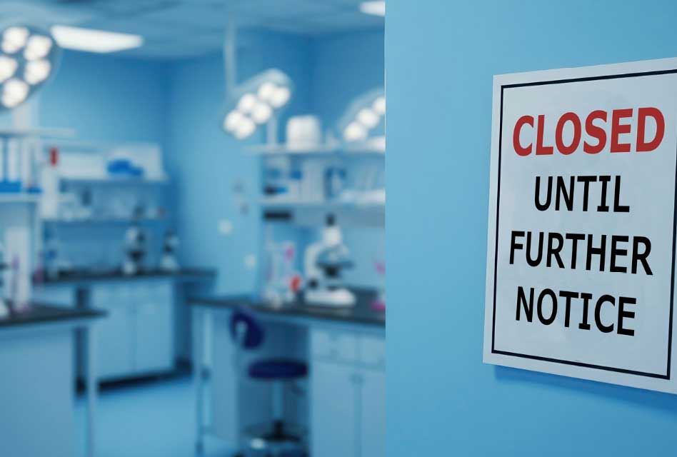 Medical research laboratory with sign that reads closed until further notice
