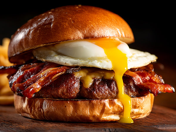 a cheeseburger topped with an egg