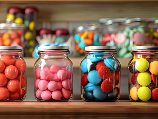 Candy in glass jars on a shelf