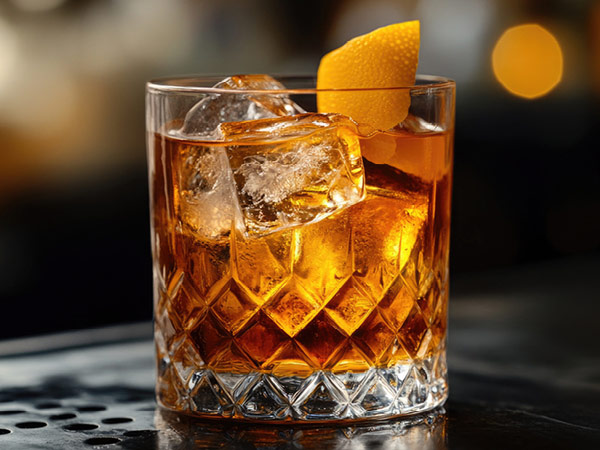 a drink with ice and a lemon wedge