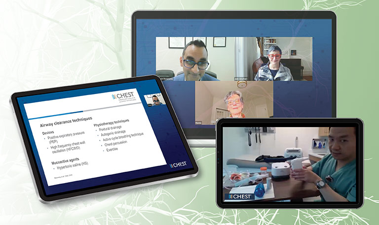 Bridging Specialties®: Timely Diagnosis for NTM Pulmonary Disease and Bronchiectasis displayed on a laptop screen.