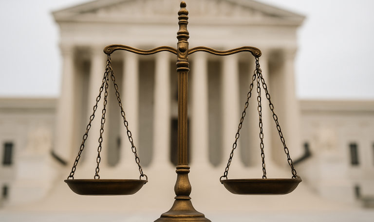 A set of scales with a courthouse in the background